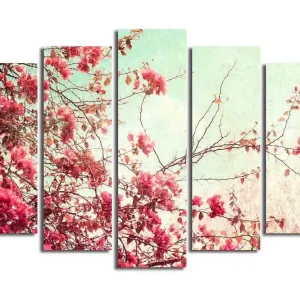 Stor Canvastavla i 5 delar 105x70 cm - Blommande grenar av bougainvillea i pastellfärger Rosa / Mintgrön / Beige - Inredning Billig