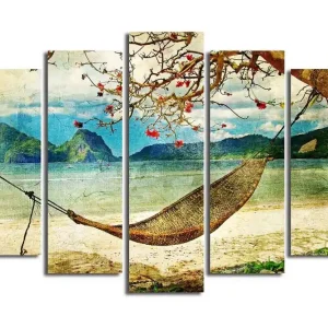 Rabatter Stor Canvastavla i 5 delar 105x70 cm - Avkopplande hängmatta under ett träd vid en strand med berg i bakgrunden Blå / Grön / Beige - Inredning
