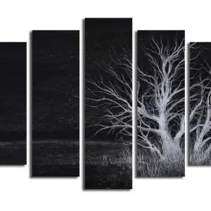 Trygg betalning Stor Canvastavla i 5 delar 105x70 cm - Dödens träd i en mörk landskapsscen Svart / Vit - Inredning