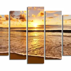 Fri frakt Stor Canvastavla i 5 delar 105x70 cm - Solnedgång över havet med reflektioner på vattnet Guld / Orange / Blå - Inredning