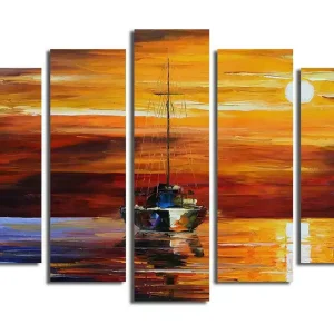 Stor Canvastavla i 5 delar 105x70 cm - Segelbåt i solnedgång med reflektioner i vattnet Orange / Röd / Blå - Inredning Snabb frakt