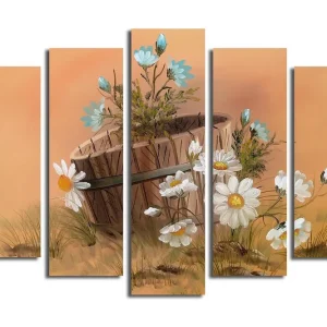 Nyhet Stor Canvastavla i 5 delar 105x70 cm - Blomsterarrangemang med prästkragar och en korg Vit / Blå / Beige - Inredning