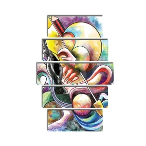 Trygg betalning Stor Canvastavla i 5 delar 105x70 cm - Abstrakt komposition med musikaliska inslag Gul / Svart / Röd - Inredning