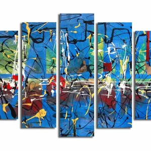Stor Canvastavla i 5 delar 105x70 cm - Abstrakt komposition med färgglada linjer och former Blå / Gul / Röd - Inredning Billig