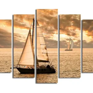 Fynd Stor Canvastavla i 5 delar 105x70 cm - Segelbåtar på en spegelblanka havsytan under en gyllene solnedgång Guld / Orange / Beige - Inredning