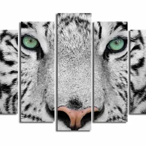 Stor Canvastavla i 5 delar 105x70 cm - Närbild av en vit tiger med intensiva ögon Vit / Svart / Grön - Inredning Billigare