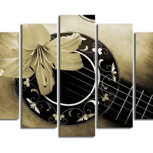 Stor Canvastavla i 5 delar 105x70 cm - Gitarr med en blomma som accentuerar instrumentets detaljer Guld / Svart / Beige - Inredning Rea