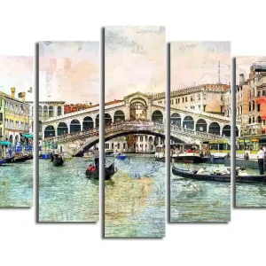 Stor Canvastavla i 5 delar 105x70 cm - Vacker vy av Rialtobron i Venedig med gondoler i kanalen Blå / Grön / Beige - Inredning Premium