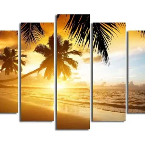 Expressleverans Stor Canvastavla i 5 delar 105x70 cm - Solnedgång över en strand med palmer Guld / Orange / Blå - Inredning