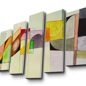 Endast denna vecka Stor Canvastavla i 5 delar 105x70 cm - Abstrakt komposition med geometriska former i olika färger Gul / Grön / Rosa - Inredning