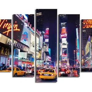 Stor Canvastavla i 5 delar 105x70 cm - Livlig stadsbild av Times Square med neonskyltar och trafik Gult / Blått / Rött - Inredning Köp online