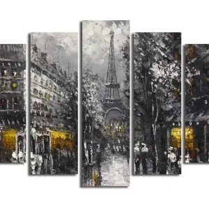 Utförsäljning Stor Canvastavla i 5 delar 105x70 cm - Parisisk stadsbild med Eiffeltornet i skymningen Grå / Svart / Guld - Inredning