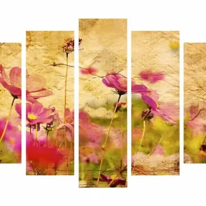 Rabatt Stor Canvastavla i 5 delar 105x70 cm - Färgrik blomsteräng med rosa blommor Rosa / Gul / Grön - Inredning