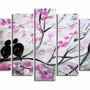 Säker betalning Stor Canvastavla i 5 delar 105x70 cm - Par av fåglar på en gren omgiven av blommor Rosa / Svart / Vit - Inredning