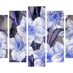 Stor Canvastavla i 5 delar 105x70 cm - Vackra blommor i blått och vitt Blå / Vit / Lila - Inredning Premium