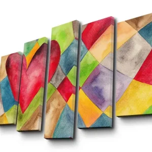 Fynd Stor Canvastavla i 5 delar 105x70 cm - Stort, färgglatt hjärta i en geometrisk komposition Röd / Grön / Blå - Inredning