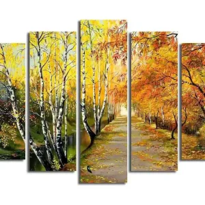 Stor Canvastavla i 5 delar 105x70 cm - Vacker höstlandskap med färgglada träd längs en promenadväg Gult / Orange / Grönt - Inredning Fynd