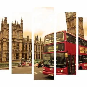 Stor Canvastavla i 5 delar 105x70 cm - Röd dubbeldäckare framför Big Ben och det brittiska parlamentet Röd / Beige / Brun - Inredning Köp nu