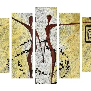 Expressleverans Stor Canvastavla i 5 delar 105x70 cm - Abstrakt komposition med två stiliserade figurer i rörelse Guld / Svart / Vit - Inredning