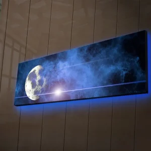 Canvastavla med LED-belysning 30x90 cm - Måne i en stjärnklar himmel med nebulosa Mörkblå / Ljusblå / Vit - Inredning Erbjudande
