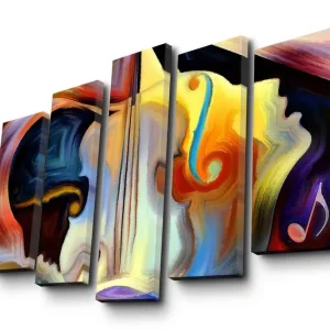 Säker betalning Stor Canvastavla i 5 delar 105x70 cm - Abstrakt komposition med musikinstrument och ansiktskonturer Mörkblå / Orange / Gul - Inredning