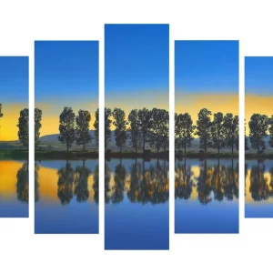 Stor Canvastavla i 5 delar 105x70 cm - Spegelbild av träd längs en sjö vid solnedgång Blå / Gul / Grön - Inredning Fri frakt
