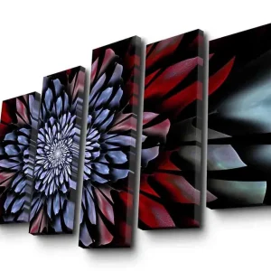 Nedsatt pris Stor Canvastavla i 5 delar 105x70 cm - Abstrakt blomsterdesign med spiralliknande former Mörkröd / Blå / Svart - Inredning