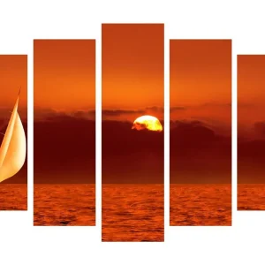 Stor Canvastavla i 5 delar 105x70 cm - Segelbåt på en glödande havsyta vid solnedgången Orange / Guld / Röd - Inredning Billig