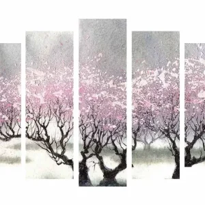 Endast denna vecka Stor Canvastavla i 5 delar 105x70 cm - Blommande körsbärsträd i en drömlik landskapsscen Rosa / Grå / Svart - Inredning
