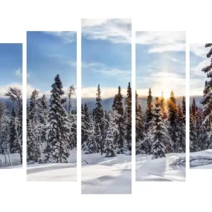 Kampanj Stor Canvastavla i 5 delar 105x70 cm - Snöklädda granar i en vinterlandskap med soluppgång Vit / Blå / Grön - Inredning