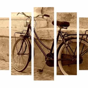 Stor Canvastavla i 5 delar 105x70 cm - Vintage cykel lutad mot en vägg Svart / Beige / Brun - Inredning Sista chansen