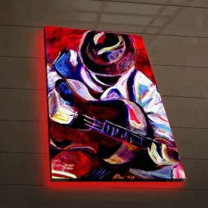 Nyhet Canvastavla med LED-belysning 70x45 cm - Musiker som spelar gitarr med passionerat uttryck Röd / Blå / Vit - Inredning