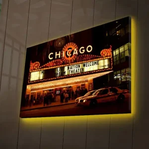 Canvastavla med LED-belysning 45x70 cm - Ljus och livlig teaterfasad i Chicago Guld / Svart / Vit - Inredning Sänkt pris