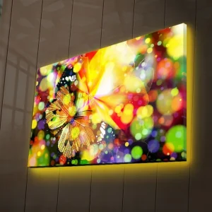 Utförsäljning Canvastavla med LED-belysning 45x70 cm - Färgglad komposition med fjärilar och blommor Gul / Orange / Grön - Inredning