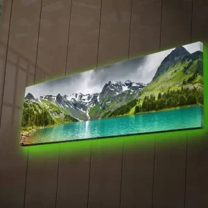 Populärt val Canvastavla med LED-belysning 30x90 cm - Storslagen berglandskap med en glittrande sjö Turkos / Grön / Grå - Inredning