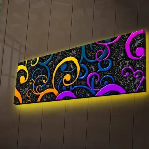 Rea Canvastavla med LED-belysning 30x90 cm - Färgglada snirklar på en mörk bakgrund Gul / Lila / Blå - Inredning