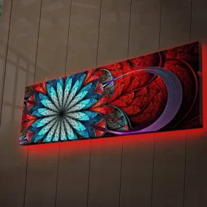 Extra rabatt Canvastavla med LED-belysning 30x90 cm - Färgglad abstrakt komposition med blommoliknande mönster Röd / Turkos / Grå - Inredning