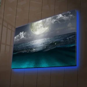 Canvastavla med LED-belysning 45x70 cm - Storslagen måne över ett stormigt hav Mörkblå / Turkos / Grå - Inredning Rabatter