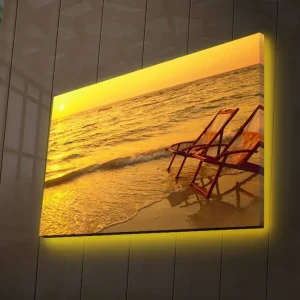 Snabb frakt Canvastavla med LED-belysning 45x70 cm - Solnedgång över havet med två strandstolar i förgrunden Guld / Orange / Brunt - Inredning