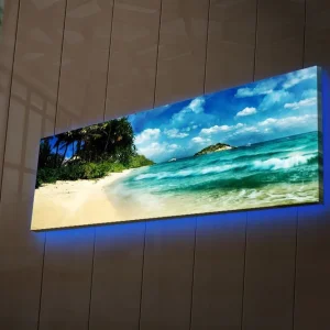 Canvastavla med LED-belysning 30x90 cm - Vacker strand med turkost vatten och palmer Turkos / Beige / Blå - Inredning Rea