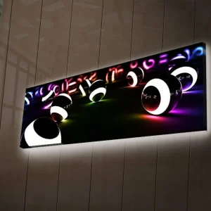 Canvastavla med LED-belysning 30x90 cm - Abstrakt komposition med svarta och vita sfärer Svart / Vit / Lila - Inredning Utförsäljning