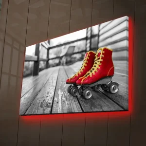 Rea Canvastavla med LED-belysning 45x70 cm - Röda skridskor på en träbana Röd / Gul / Grå - Inredning