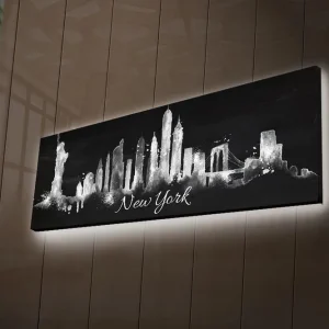 Reapris Canvastavla med LED-belysning 30x90 cm - Silhuett av New Yorks skyline med ikoniska byggnader Svart / Vitt - Inredning