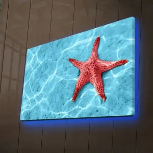 Rabatt Canvastavla med LED-belysning 45x70 cm - Röd sjöstjärna på en klarblå vattenyta Röd / Klarblå - Inredning