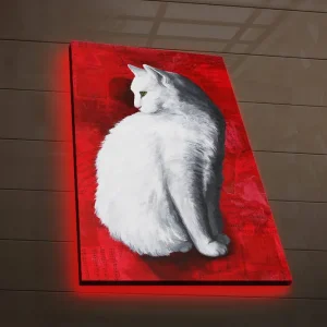 Canvastavla med LED-belysning 70x45 cm - Vit katt mot en röd bakgrund Vit / Röd - Inredning Rabatter