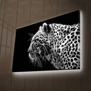 Köp online Canvastavla med LED-belysning 45x70 cm - Svartvit leopardprofil med detaljerad pälsstruktur Svart / Vit - Inredning