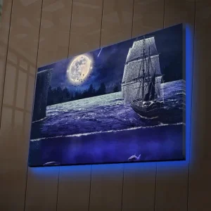 Canvastavla med LED-belysning 45x70 cm - Skepp som seglar under en fullmåne i en stjärnklar natt Mörkblå / Grå / Vit - Inredning Populär
