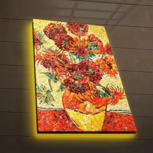 Canvastavla med LED-belysning 70x45 cm - Färgrik bukett av solrosor i en vas Röd / Gul / Grön - Inredning Expressleverans