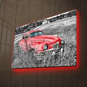 Canvastavla med LED-belysning 45x70 cm - Röd vintagebil i en grönskande äng Röd / Svart / Grå - Inredning Extra rabatt