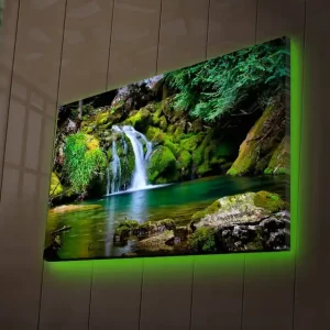 Snabb frakt Canvastavla med LED-belysning 45x70 cm - Vacker vattenfall med frodig grönska och klippformationer Grön / Blå / Brun - Inredning